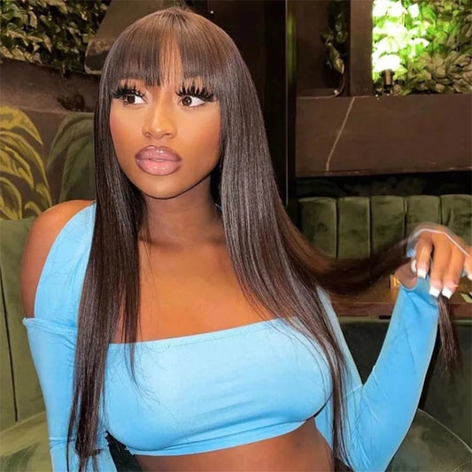 Finros 3x1 Straight Human Hair Wig – Long 26+ Inch, Glueless Pre-Plucked Wig with Bangs