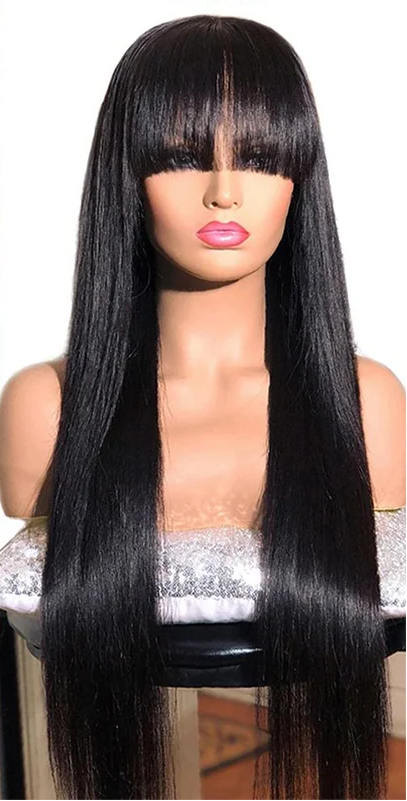 Straight Human Hair Wig with Bangs – 13x4 Lace Front & 5x5 Lace Closure, HD Transparent Lace, 180% Density, Pre-Plucked, Ready to Wear