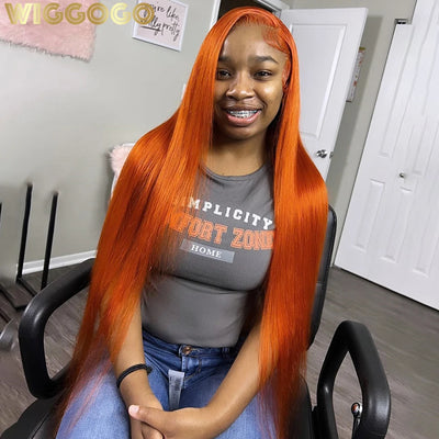 Orange Ginger Straight Human Hair Lace Front Wig – HD Transparent 13x4 & 13x6 Lace Frontal Wig