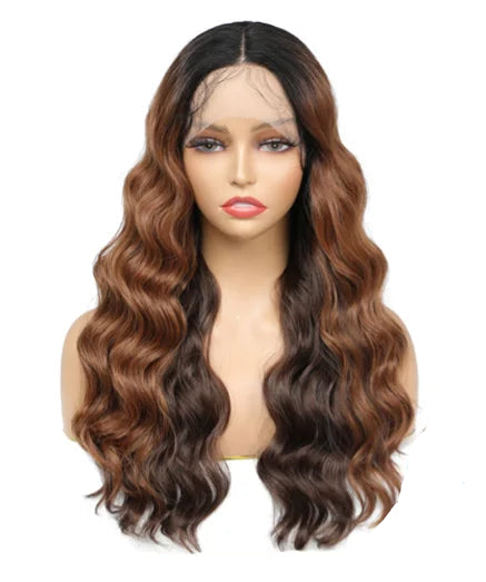 Natural Brown Ombre Loose Wave Synthetic Wig – Medium Long Heat-Resistant Daily Use Wig