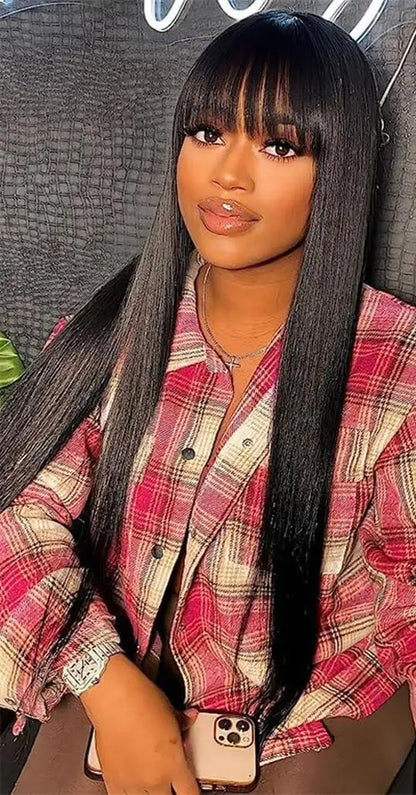 Straight Human Hair Wig with Bangs – 100% Virgin Hair, Natural Black, 14-26 Inches