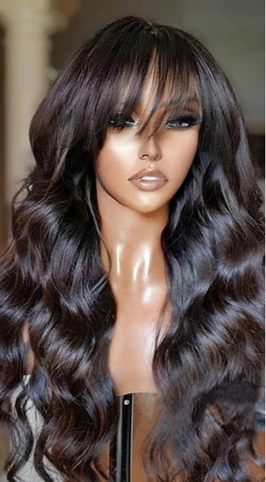 Body Wave Human Hair Lace Front Wig with Bangs – 13x4 Transparent Lace, Glueless, High Density, Available in Multiple Lengths