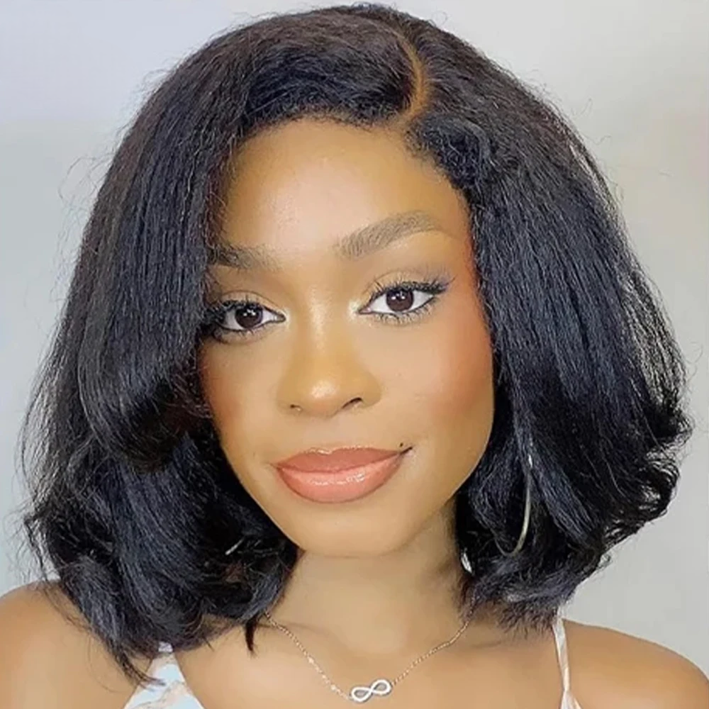 Kinky Straight Bob Wig with Pre-Plucked 4C Edges – 100% Hair, 4x4/13x4 Lace Frontal, Natural Black