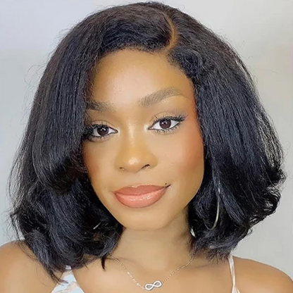 Kinky Straight Bob Wig with Pre-Plucked 4C Edges – 100% Hair, 4x4/13x4 Lace Frontal, Natural Black