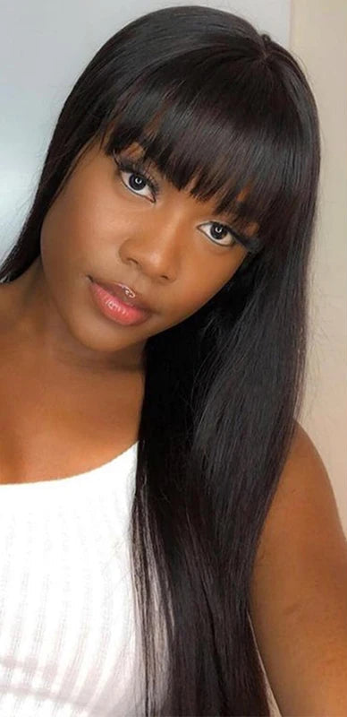 Straight Human Hair Wig with Bangs – 13x4 Lace Front & 5x5 Lace Closure, HD Transparent Lace, 180% Density, Pre-Plucked, Ready to Wear