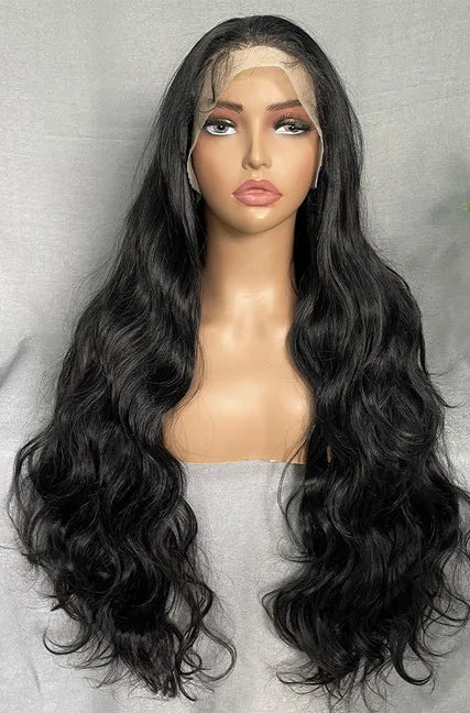 30-32 Inch Wavy Lace Front Wig – High-Temperature Fiber, Natural Style with Middle, Side & Free Parting Options