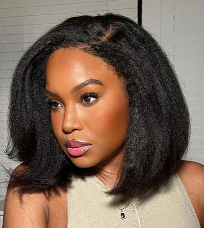 Kinky Straight Bob Wig with Pre-Plucked 4C Edges – 100% Hair, 4x4/13x4 Lace Frontal, Natural Black