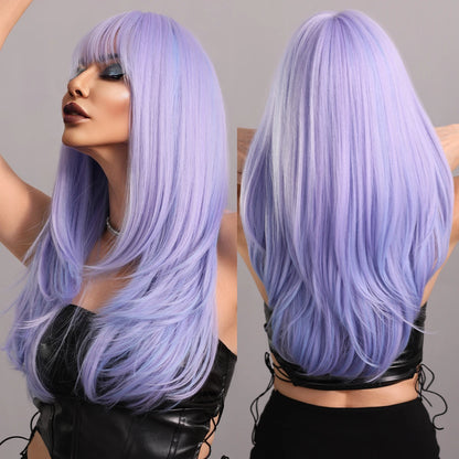 Long Wavy Purple Synthetic Wig with Bangs – Heat Resistant Cosplay Wig for Women, Daily Use & Party Style