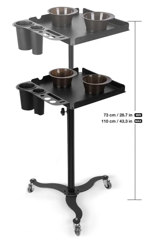 Adjustable Salon Trolley Tray with 360° Casters, Magnetic Bowls & Tool Holders for Stylists & Tattoo Artists