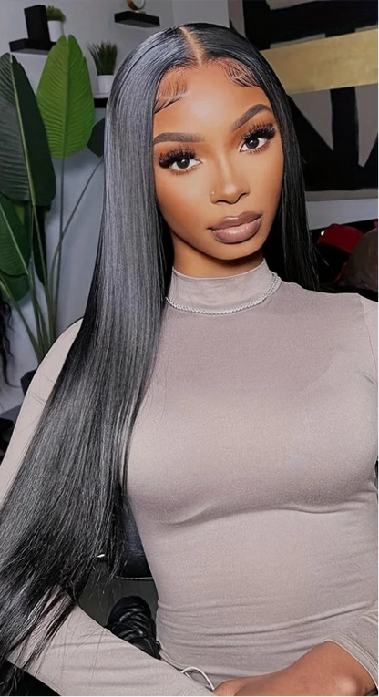 Premium 26+ Inch Straight 4x4 Lace Wig – Natural Human Hair, Pre-Plucked, Transparent Swiss Lace, Can Be Permed"