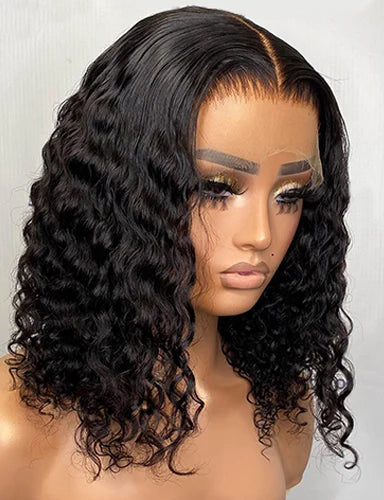 Deep Wave Curly Short Bob Wig – 100% Human Hair, Pre-Plucked Lace, 180%-200% Density, Natural Black