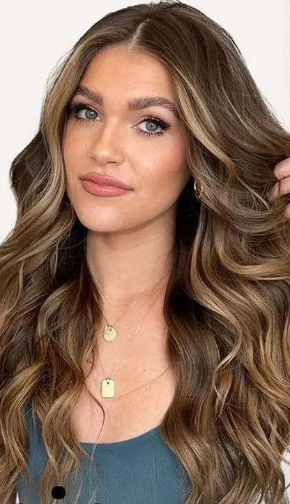 24-Inch Brunette Highlights Balayage Synthetic Clip-In Hair Extensions - Body Wave, Tangle-Free & Silky Smooth