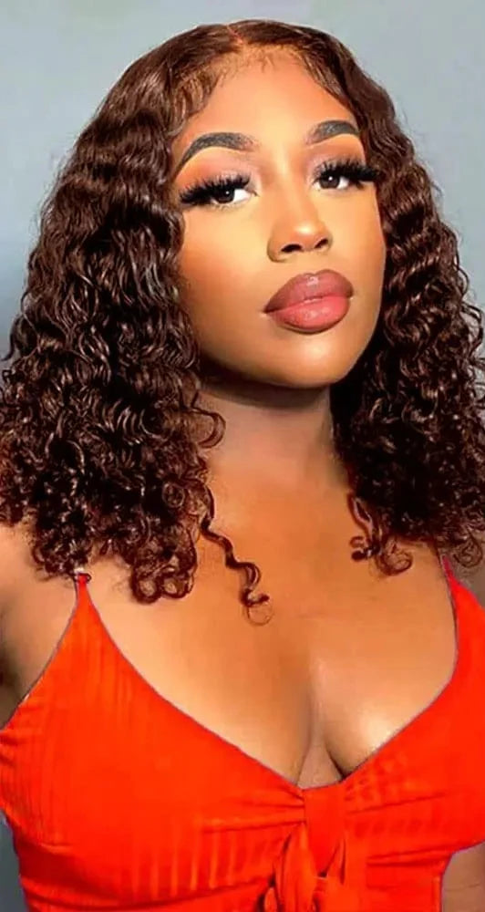 Deep Wave Lace Front Wig – 13x4 Frontal, Chocolate Brown, 10-16 Inch