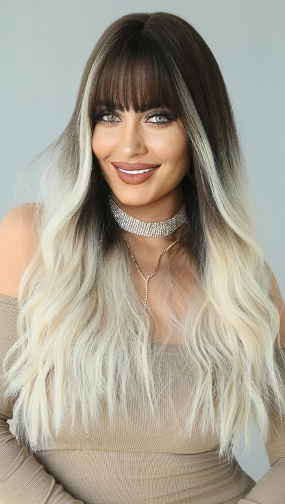 Long Wavy Purple Synthetic Wig with Bangs – Heat Resistant Cosplay Wig for Women, Daily Use & Party Style