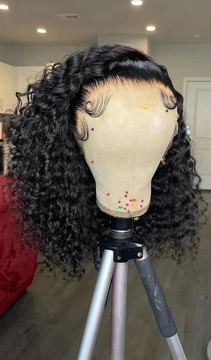 Deep Wave Curly Short Bob Wig – 100% Human Hair, Pre-Plucked Lace, 180%-200% Density, Natural Black