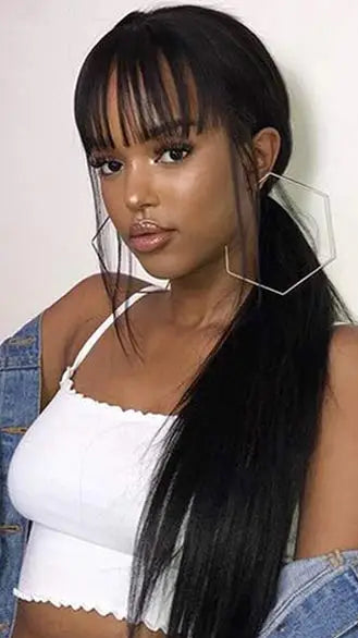 Straight Human Hair Wig with Bangs – 100% Virgin Hair, Natural Black, 14-26 Inches