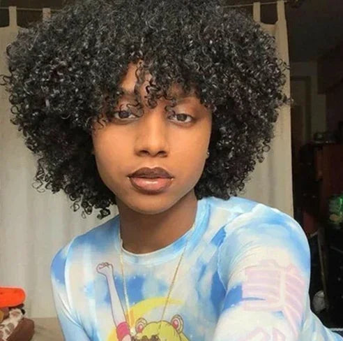 Short Jerry Curl Wig – 100% Virgin Human Hair, Afro Kinky Curly Wig with Bangs, 6-Inch Bob Style