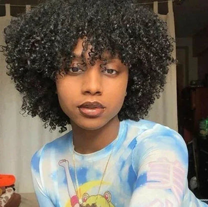 Short Jerry Curl Wig – 100% Virgin Human Hair, Afro Kinky Curly Wig with Bangs, 6-Inch Bob Style