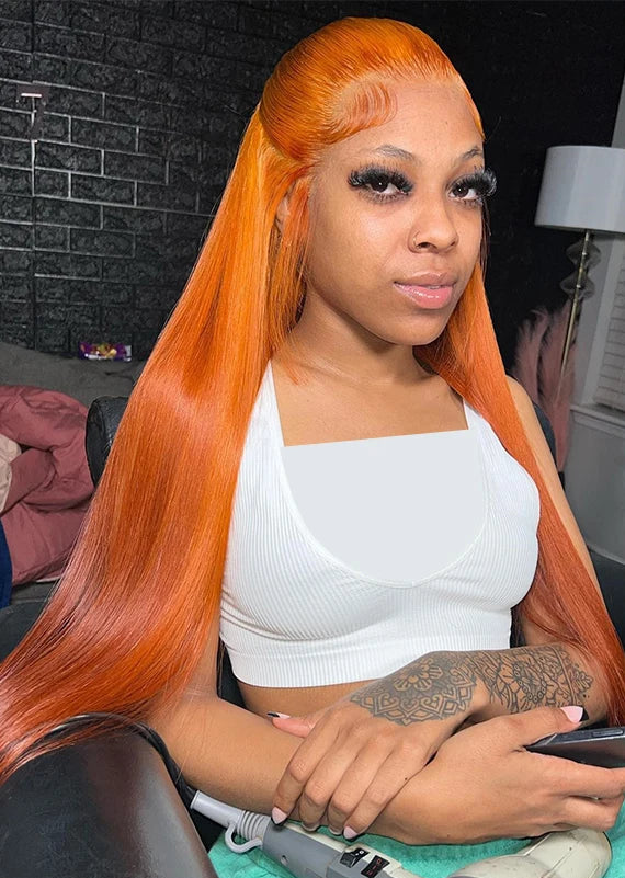 Orange Ginger Straight Human Hair Lace Front Wig – HD Transparent 13x4 & 13x6 Lace Frontal Wig