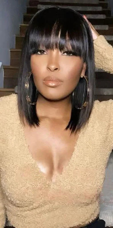Peruvian Straight Bob Wig with Bangs - 100% Human Hair, No Shedding, Glueless Fringe Wig
