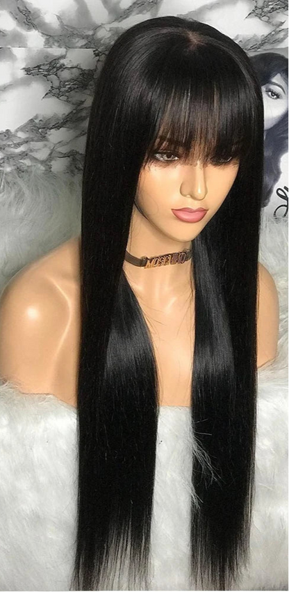 Premium Straight Human Hair Wig with Bangs – Transparent Lace, Natural Hairline & 30-36 Inch Length