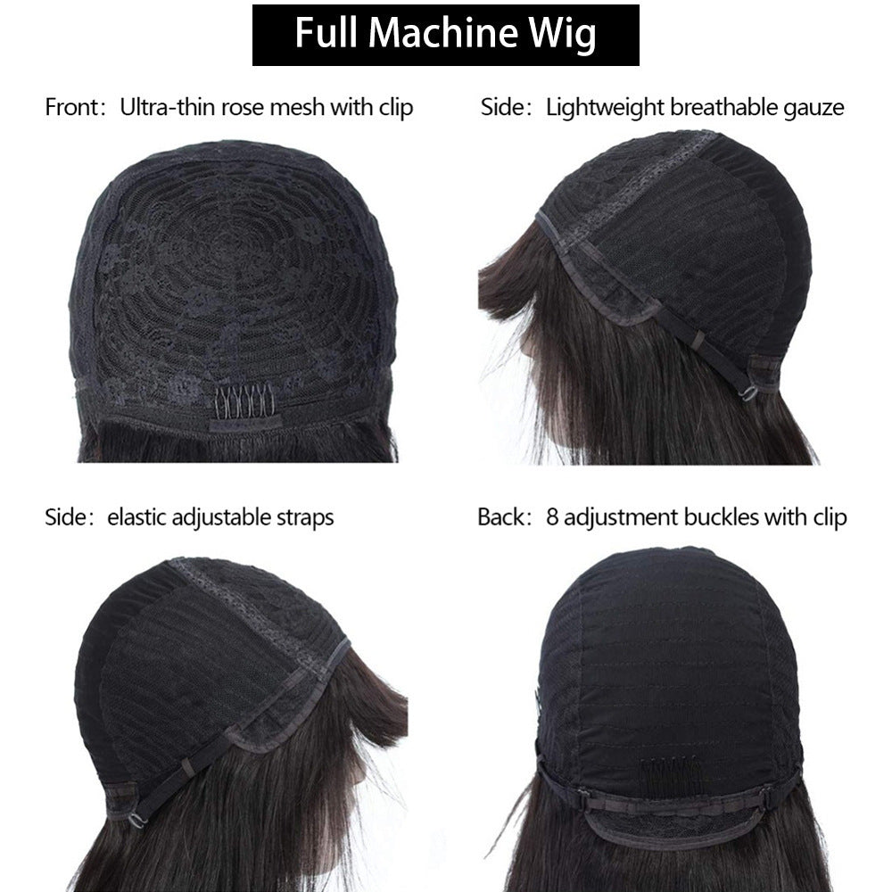 Short Water Wave Human Hair Wig – Full Machine-Made with Long Bangs