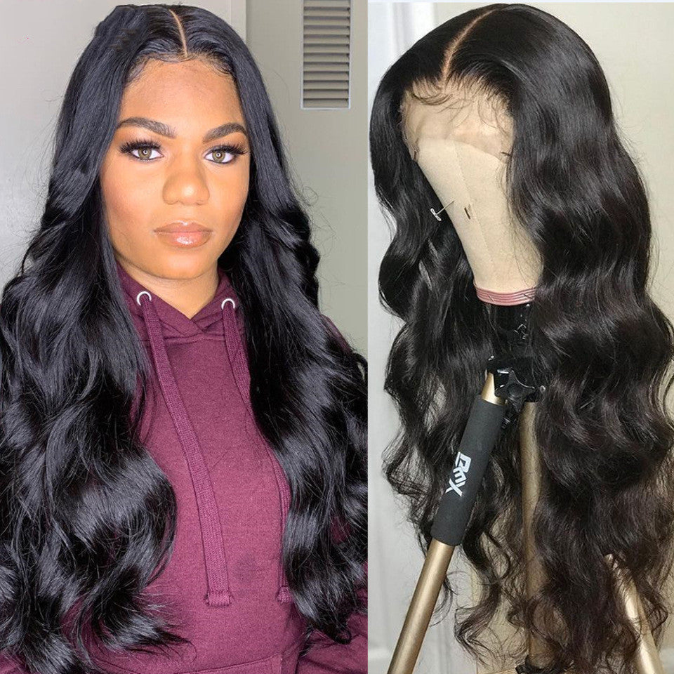 Star Fashion Black Body Wave Headgear - Real Human Hair with Long Bangs for Ms.