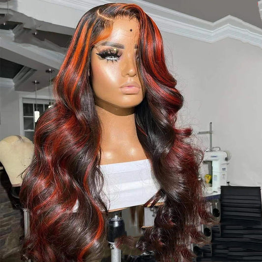 Stunning Burgundy Highlight Lace Frontal Wig – Real Human Hair with Versatile Closure Options