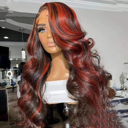 Stunning Burgundy Highlight Lace Frontal Wig – Real Human Hair with Versatile Closure Options