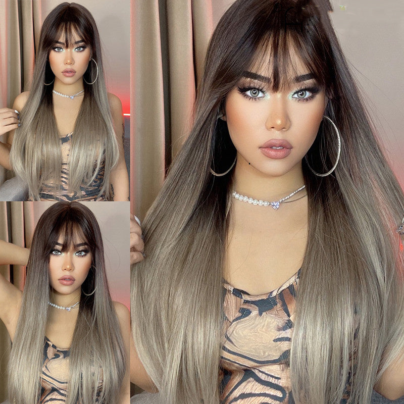 Stylish Long Straight High-Temperature Silk Wigs for Women – Multiple Color Options with Natural Bangs