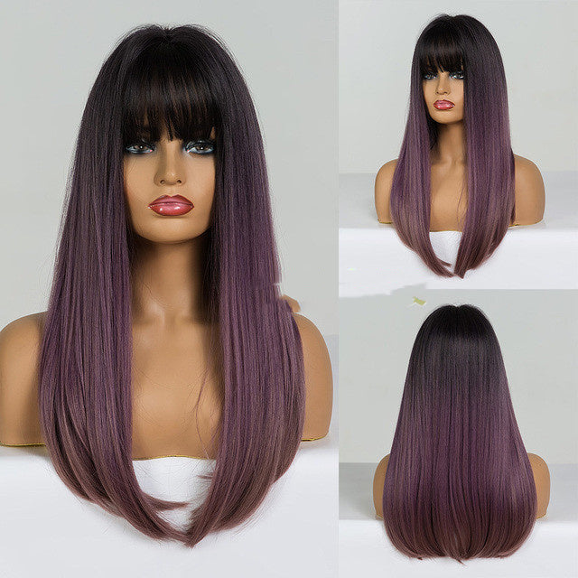Stylish Long Straight High-Temperature Silk Wigs for Women – Multiple Color Options with Natural Bangs