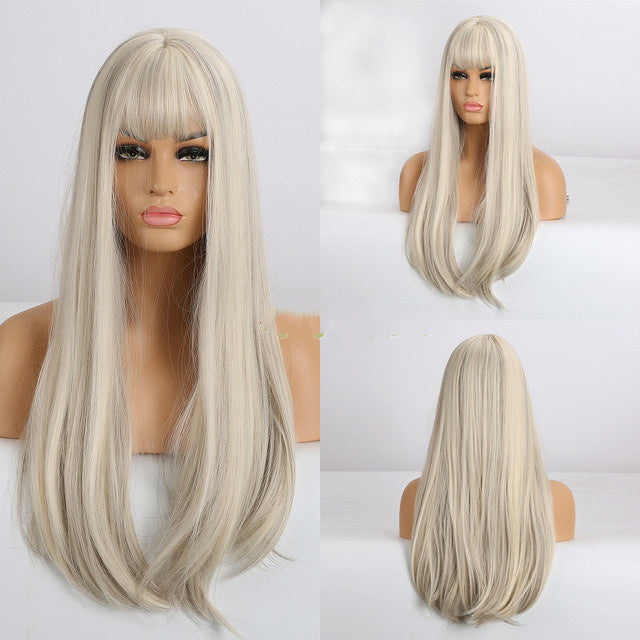Stylish Long Straight High-Temperature Silk Wigs for Women – Multiple Color Options with Natural Bangs