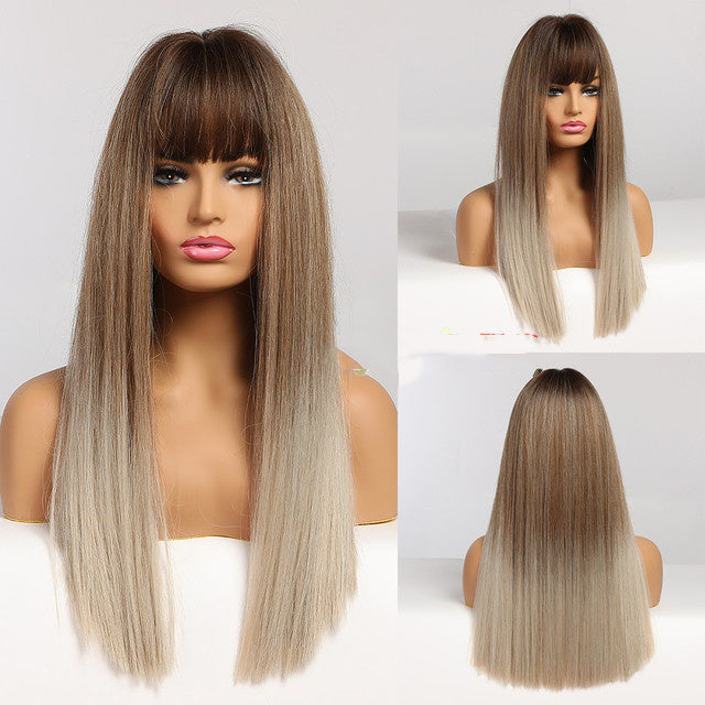 Stylish Long Straight High-Temperature Silk Wigs for Women – Multiple Color Options with Natural Bangs