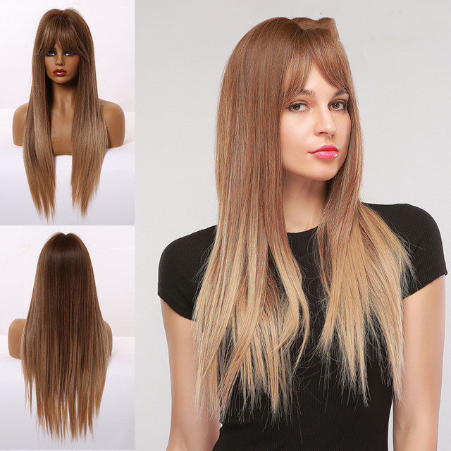 Stylish Long Straight High-Temperature Silk Wigs for Women – Multiple Color Options with Natural Bangs