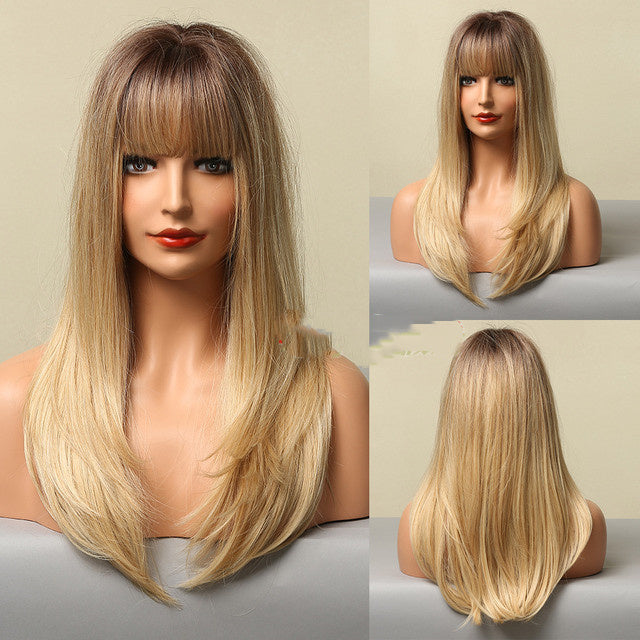 Stylish Long Straight High-Temperature Silk Wigs for Women – Multiple Color Options with Natural Bangs