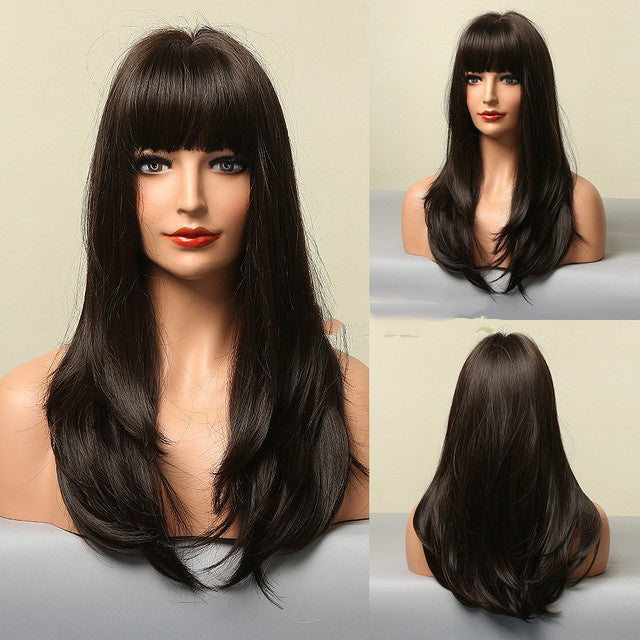 Stylish Long Straight High-Temperature Silk Wigs for Women – Multiple Color Options with Natural Bangs
