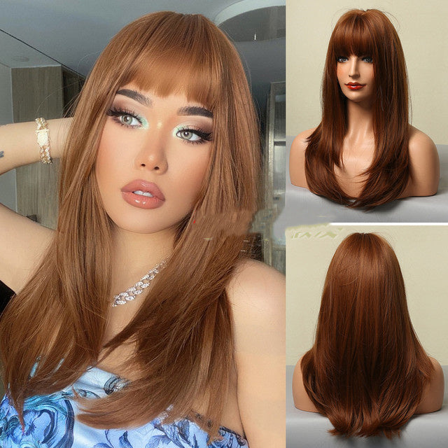 Stylish Long Straight High-Temperature Silk Wigs for Women – Multiple Color Options with Natural Bangs