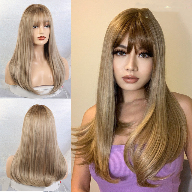 Stylish Long Straight High-Temperature Silk Wigs for Women – Multiple Color Options with Natural Bangs