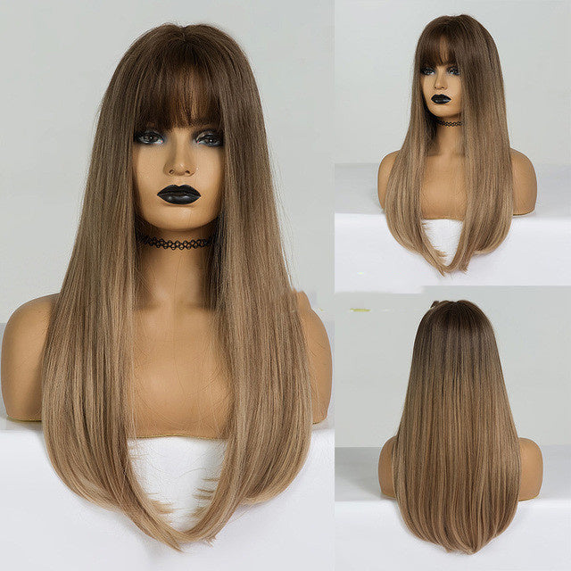 Stylish Long Straight High-Temperature Silk Wigs for Women – Multiple Color Options with Natural Bangs