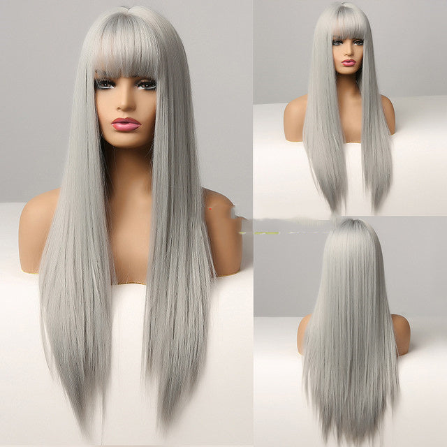 Stylish Long Straight High-Temperature Silk Wigs for Women – Multiple Color Options with Natural Bangs