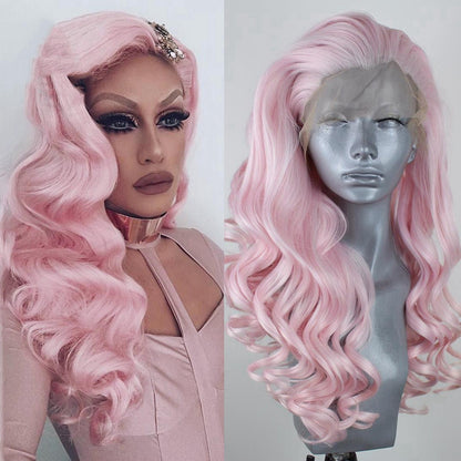 Trendy Women's Purple Pink Curly Front Lace Wig - 50cm High-Temperature Silk Headgear