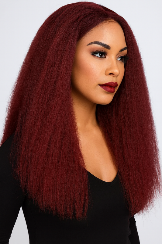 Wine Red Afro Yaki Wig – Long Fluffy Synthetic Hair, 24 Inch
