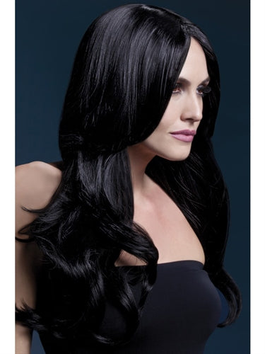 Professional Black Long Wave Synthetic Wig - Center Part, Heat-Resistant, 26 Inches