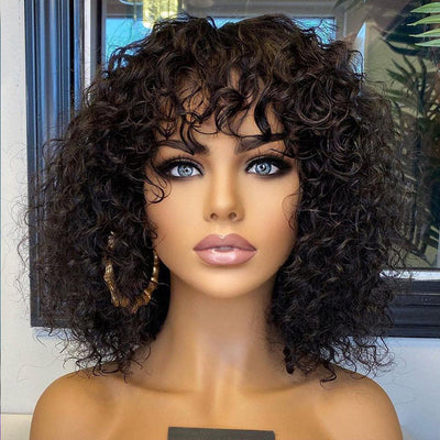 Elegant Water Wave Fringe Human Hair Wig with Bangs | Natural Black