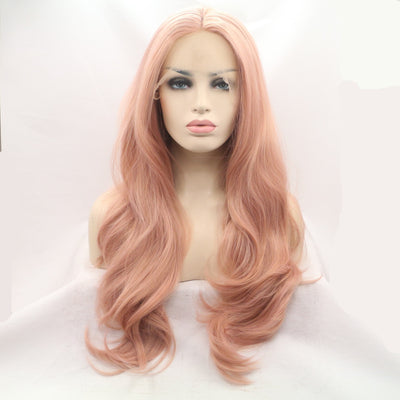 Big Wave Synthetic Front Lace Wig – Pink, Heat-Resistant Fiber, Customizable Bangs