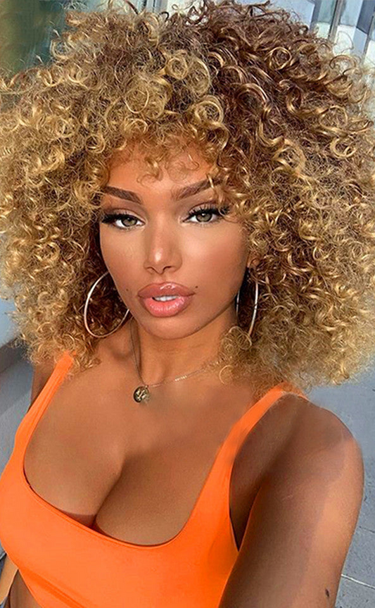 Chic Synthetic Afro Curly Wig with Qi Bangs – Sweet and Cute Style for Black Women