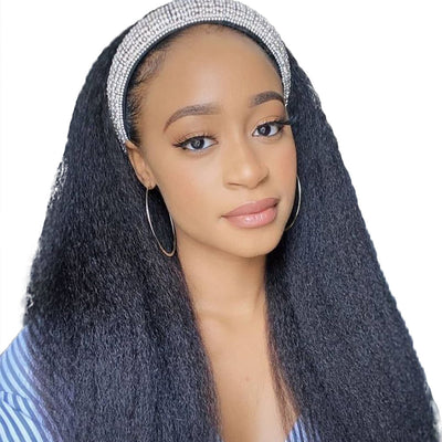 Headband Kinky Straight Wig – 100% Human Hair, No Shedding, Dyeable, 8-26 Inches, Natural 1B Color