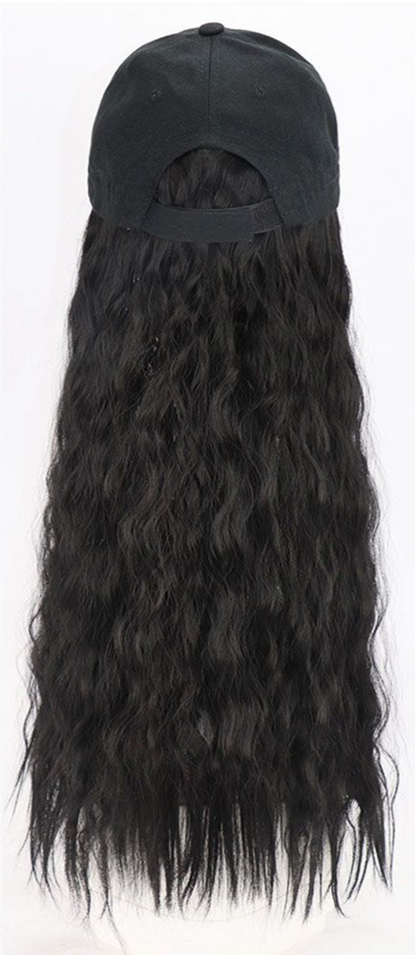 Black Baseball Cap with Long Curly Wig – Synthetic Hair Extensions