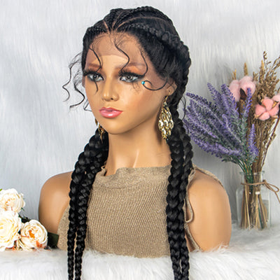 Braided Lace Front Wig with Baby Hair – 4 Braids, Remy Hair, Natural Color Options