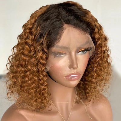 Elegant Side Part Bob Wavy Ombre Lace Wig – Versatile Real Hair Headgear for Women